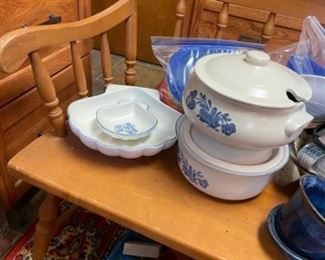 MAPLE DECONS BENCH. LARGE ASSORTMENT OF PFALTZGRAFF DISHES AND ACCESSORIES