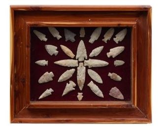 Arrowhead point display to include twenty-six artifact stones, cedar frame from Wilson County, TX.
21.5 x 17.5 x 2.5"