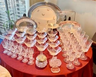 Heavy Sterling Trays,  Waterford "Kenmare" Crystal Stemware