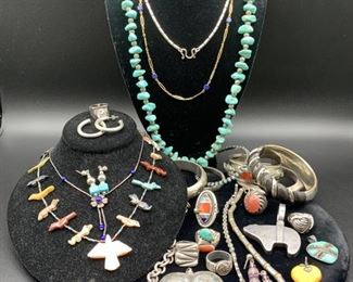 Sterling, Turquoise; Coral, Lapis & Wood