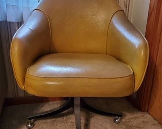 Yellow Leather Mid Century Barrel Back Chair with Casters