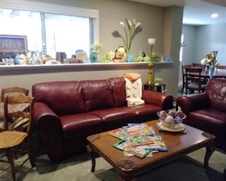 Red leather sofa & armchair