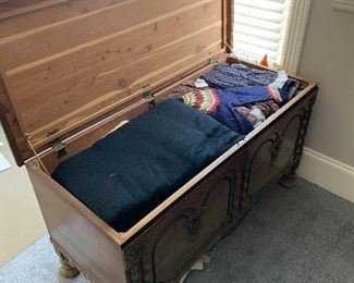 Vintage cedar chest. Inside are lots of vintage wool yardage and vintage clothes. 