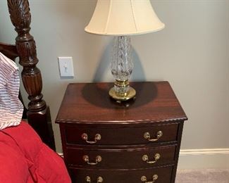 Pair of bed side tables, pair of Waterford lamps