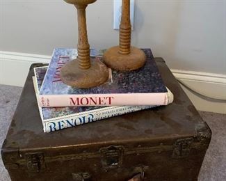Wooden candlesticks, metal suitcases