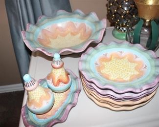 Mackenzie Childs 1983 2 sets of plates, salad bowl, salt and pepper shaker set