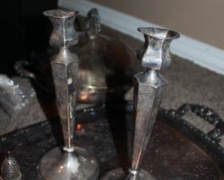 Antique sterling marked heavy candle holder set with engraved pattern