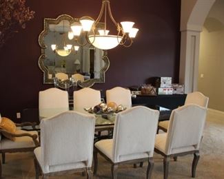 Dining table set with 8 chairs, glasstop, custom base