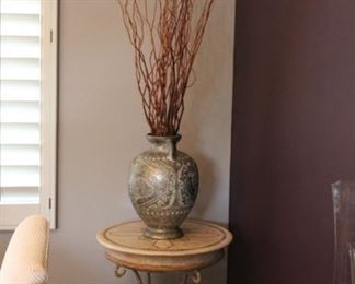 Brass vase with decor, marble decorative table with cast iron legs