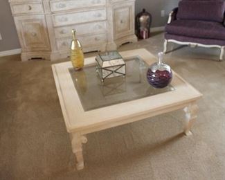 Coffee table with beveled glass, solid washed wood