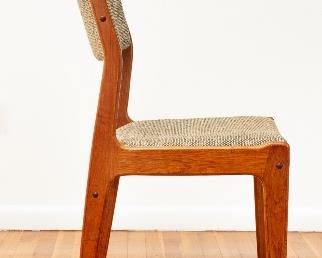 Six Scandinavia Woodworks Ltd. dining chairs
Dimensions/ Seat: 19”W/18”D/18.5”H
Overall chair height: 32.75”
Price: Six: $750
Note: one chair has wear to fabric of approx. 2”; one other chair has spot on fabric of approx. 1.5” (see photo details)