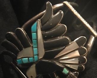 Large sterling Zuni onyx, turquoise and mother of pearl cuff