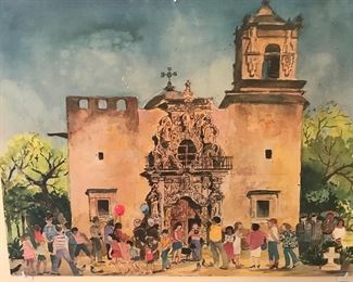 Old Mexico town center cathedral watercolor