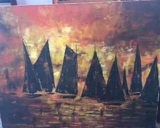 Mid Century oil in canvas 
Vietnamese Fishing Ships