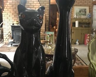 Fabulous Mid Century ceramic black cats.  Large cat is a planter 