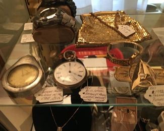 Vintage Whiting Davis bag, watches, compasses
