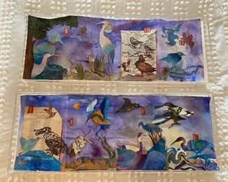 “Bird Life on the Pond” set of 2. Collages in acrylic frames 30” x 12” $250