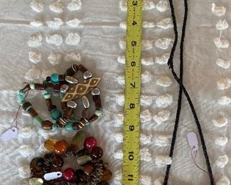 Bracelets, $8 each; Long necklace with sterling silver box $25