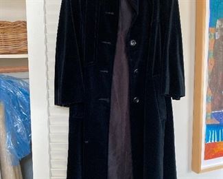 Long black crushed velvet coat size small $40