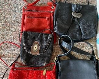 handbags Top left $12; Top right $15; Middle $12; Bottom left red patterned leather Saks 5th ave $20; Bottom right Coach $38