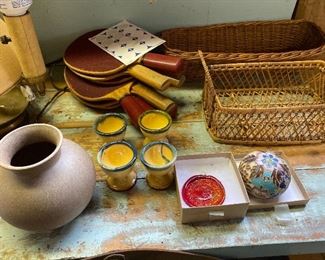 Pot ,Cups, Paddles, 2 baskets and blue ball ornaments $15