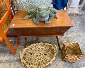 Ceramic Frog $25; table $35; round basket $15 square $3