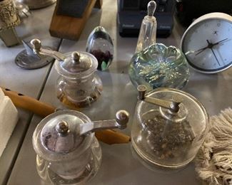 Pepper & salt grinders $12; 2 Glass paper weights $18; Clock $5
