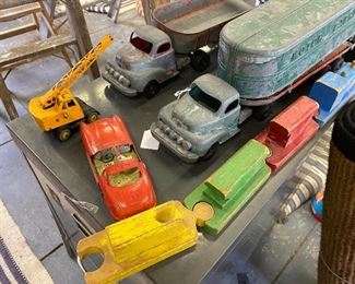 ^^Red Tootsie Car $30; wooden Playskool train $15; Yellow crane $15^^