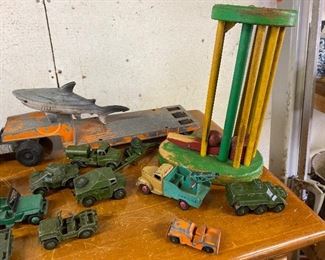 ^^9 small vehicles $65; Wooden toy $15; Shark $8^^