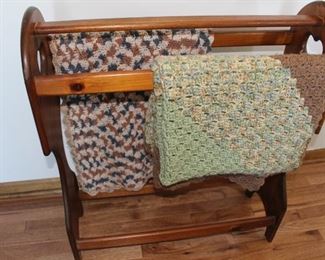 Quilt frame (not antique) and afghans