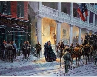 1050 MORT KUNSTLER LIMITED ED GICLEE ON CANVAS SIGNED AND NUMBERED GC 32/50, *MRS. JACKSON COMES TO WINCHESTER*. 20 IN X 30 IN OVERALL
