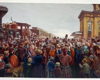 1060 MORT KUNSTLER LIMITED ED GICLEE ON CANVAS SIGNED AND NUMBERED GC 25/50, *MR. LINCOLN COMES TO GETTYSBURG*. 22 IN X 33 1/4 IN OVERALL