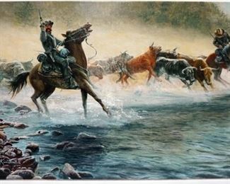 1071 MORT KUNSTLER LIMITED ED GICLEE ON CANVAS SIGNED AND NUMBERED GC 25/50, *THE GREAT BEEFSTEAK RAID*. 19 IN X 33 IN OVERALL