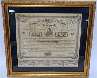 1110 FRAMED CONFEDERATE STOCK CERTIFICATE, 17 3/4 IN X 16 IN. SIGNED BY THE CONFEDERATE REGISTER OF THE TREASURY, SIGNED TAYLOR