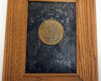 1115 FRAMED CIVIL WAR BRASS BREAST PLATE, EAGLE, 2 1/2 IN, FRAME 8 IN X 10 IN