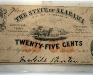 1119 ALABAMA CONFEDERATE TREASURY NOTE, JAN. 1863, 25 CENTS
