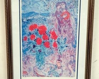 1028	LARGE MARC CHAGALL *RED BOUQUETS* LIMITED EDITION IN FRAME WITH CERTIFICATE 30 IN X 40 IN
