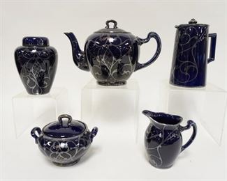 1057	LENOX SILVER OVERLAY OVER COBALT, GROUP OF 5 PIECES FROM TEA SET

