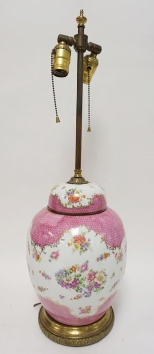 1059	COVERED POTTERY JAR CONVERTED TO TABLE LAMP W/PINK FISH SCALE & FLORAL DECORATIONS, 27 IN HIGH
