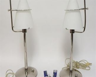 1067	PAIR OF MODERN CHROME LAMPS W/CONICAL WHITE FROSTED GLASS SHADES, 20 1/2 IN HIGH
