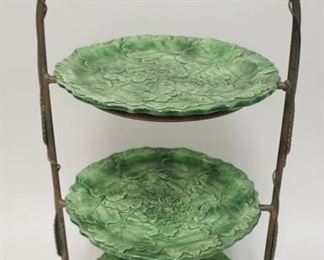 1098	ITALIAN 3 TIER ORNATE IRON SERVING PIECE W/3 TIN GLAZED PLATES HAVING A LEAF DESIGN, MARKED HAND PAINTED MADE IN ITALY
