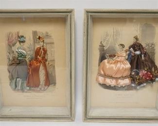 1101	PAIR OF FRENCH FASHION PRINTS IN SHADOW BOX FRAMES W/ APPLIED SILK DRESSES 12 1/2 X 16 1/2 2 1/2 IN DEEP 
