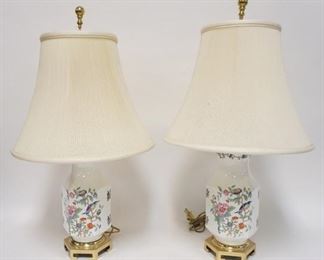 1102	PAIR OF ASIAN STYLE TABLE LAMPS W/ BRASS BASES MARKED CRESCENT. 26 IN H 
