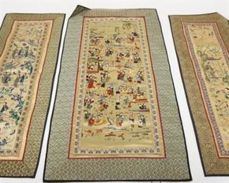 1140	GROUP OF 3 SEWN SILK ASIAN TAPESTRIES. LARGEST IS 13 IN X 26 IN 
