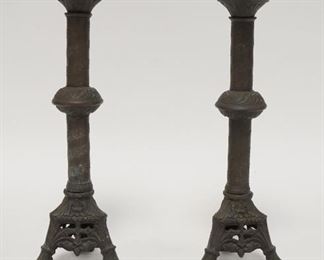 1147	PAIR OF BRASS 3 FOOTED CANDLE STICKS W/ BOBACHES. 11 1/2 IN H 

