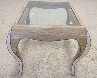 1157	MODERN GLASS TOP LAMP TABLE HAS INLAID PATTERN ON THE LEGS TOP GLASS IS BEVELED. 27 1/2 IN X 24 1/2 IN 23 IN H 
