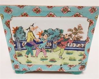 1171	HAND PAINTED ASIAN PLANTER W/CHILDREN PLAYING, HAS 4 DIFFERENT SCENES, 9 IN X 6 1/4 IN X 6 3/4 IN HIGH
