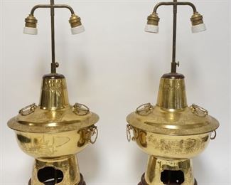 1173	PAIR OF LARGE BRASS ASIAN TABLE LAMPS ON WOOD BASES W/IMPRESSED DESIGNS OF FISH & FLOWERS, 27 /2 IN HIGH
