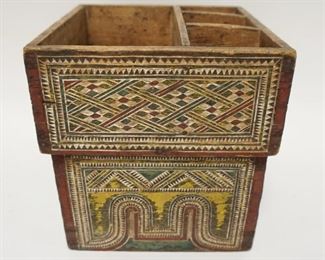 1194	THAI CARVED & PAINT DECORATED WOOD BOX W/DIVIDED COMPARTMENTS AT TOP, 9 IN X 9 IN X 9 1/2 N
