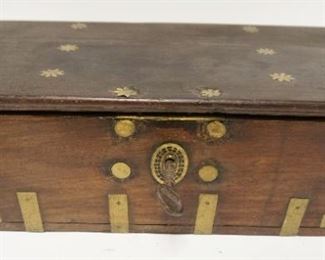1196	ASIAN HARDWOOD CHEST W/BRASS CORNERS, HANDLES & DECORATIVE INLAY, POSSIBLE MONEY CHEST, 19 1/2 IN X 10 1/4 IN X 6 1/2 IN
